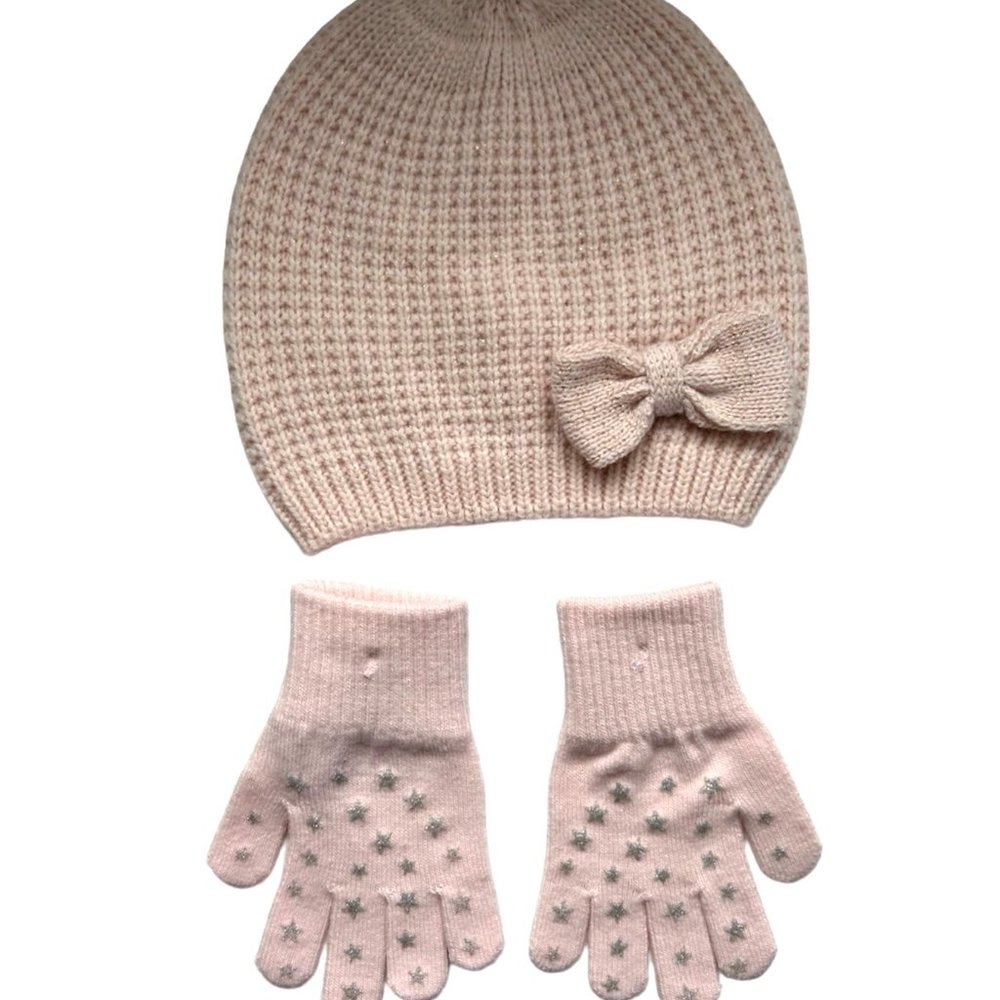 H&M Girls Light Pink Knit Hat with Bow Embroidery and Gloves Set, Size 4-8Y